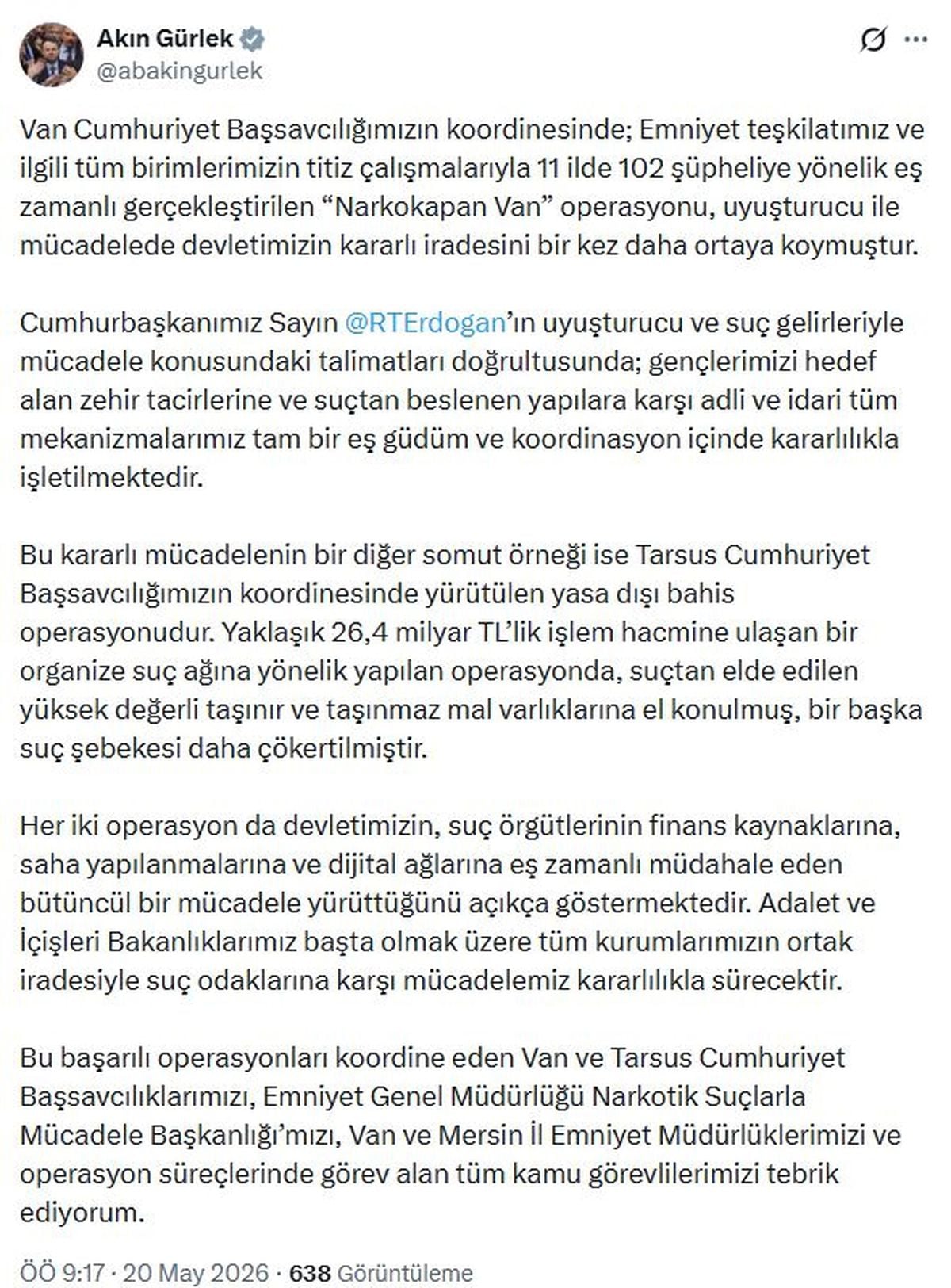 Adalet Bakanı Gürlek: Suç Örgütleriyle Mücadelemiz Sürdürülecek